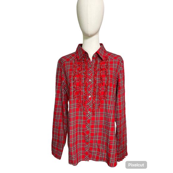 Pendleton Red Plaid Ruffle Front Button Down Shirt Long Sleeve Size Large - Picture 1 of 7